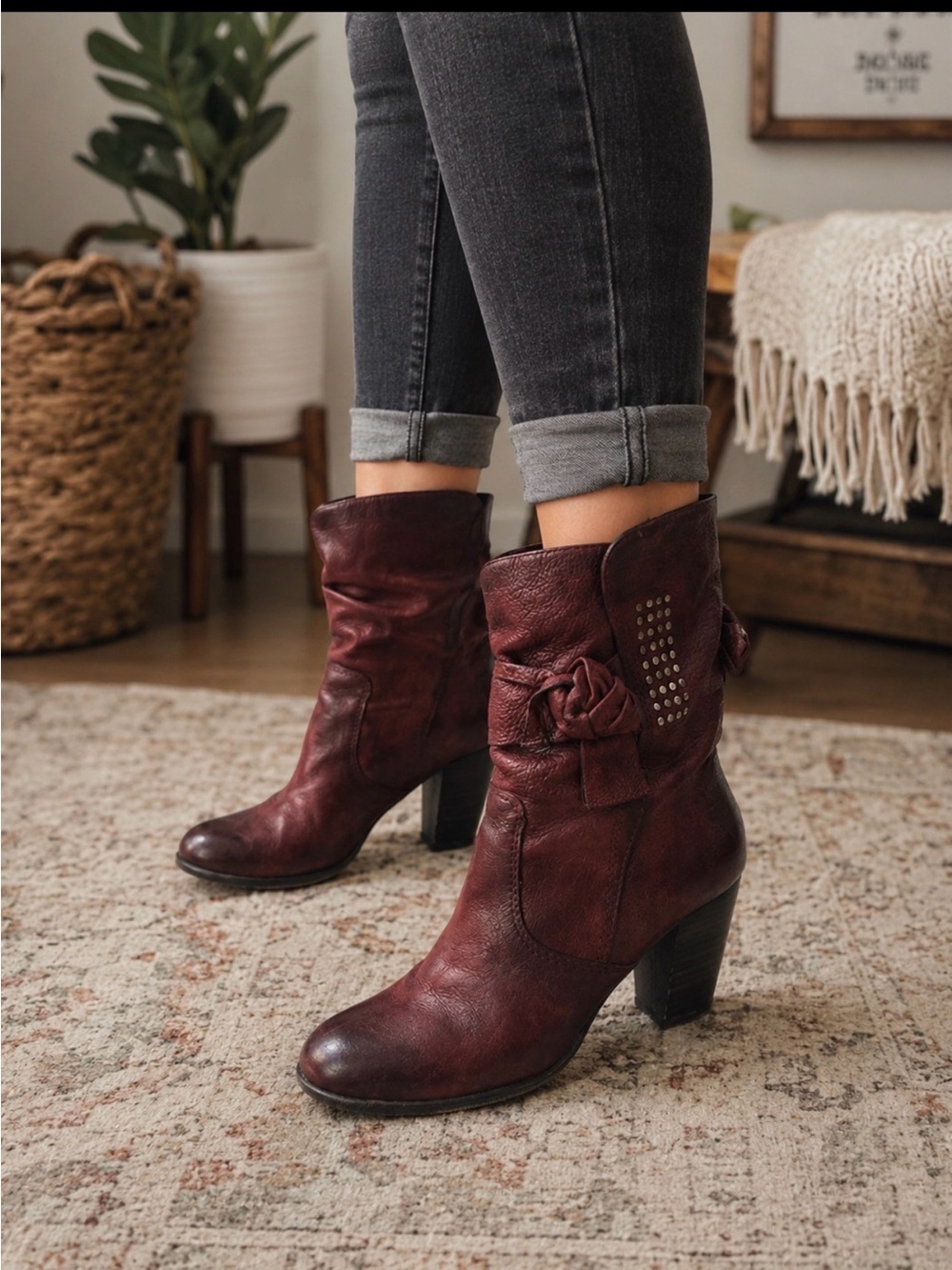 MUJS Burgundy Leather Mid-Calf Heeled Boots